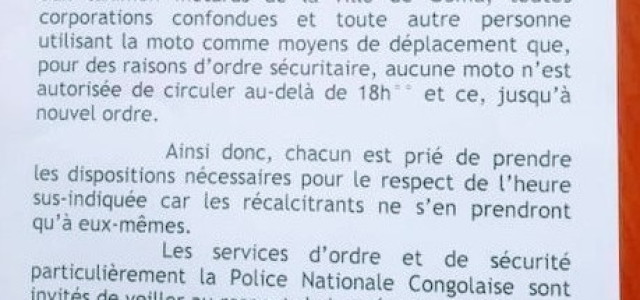 Goma : aucune moto n'est autorisée de circuler au delà de 18h jusqu'à  nouvel ordre ( Maire ) 