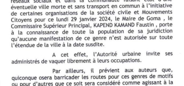 Goma : Pas de ville morte ce lundi 29 janvier, annonce le maire de la ville