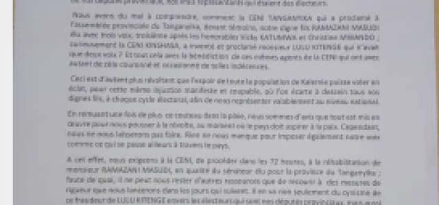 Kalemie : senatoriale: Les notables Holoholo accusent la CENI de fraude et appellent à l'intervention du chef de l'état ( Memo )