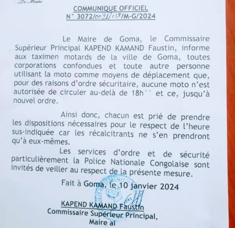 Goma : aucune moto n'est autorisée de circuler au delà de 18h jusqu'à  nouvel ordre ( Maire ) 