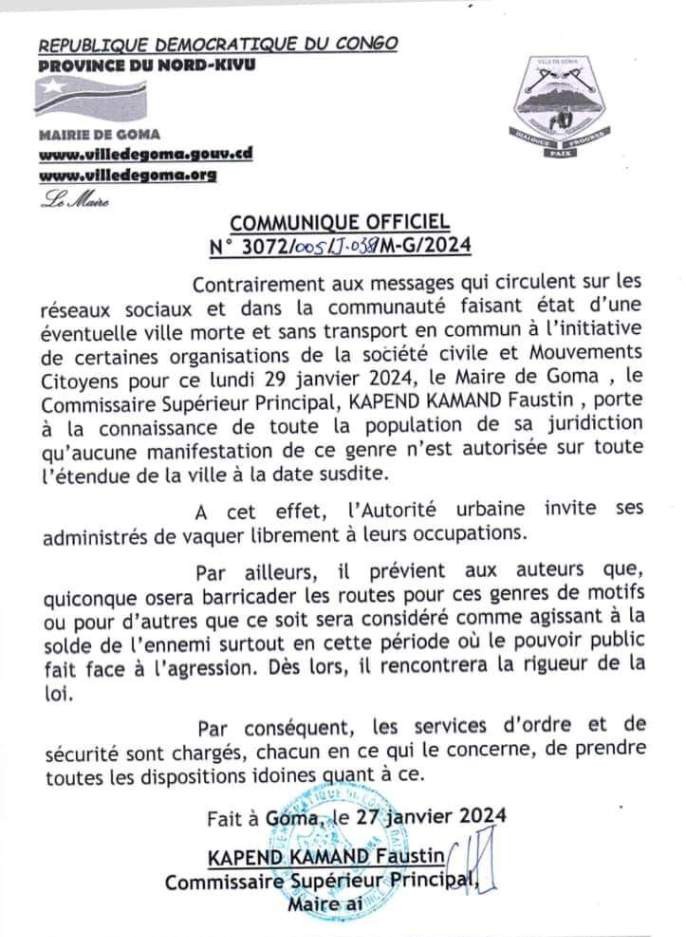 Goma : Pas de ville morte ce lundi 29 janvier, annonce le maire de la ville