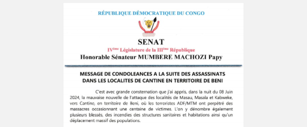 Attaques meurtrières des rebelles ADF/MTM à Beni : Le sénateur Papy Machozi présente ses condoléances et exhorte l'unité nationale